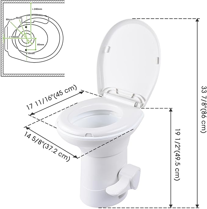 Yescom RV Camper Toilet Porcelain Ceramic Enamel & HDPE Gravity Flush 20" | High Foot Pedal for Travel Trailer Motorhome Caravan