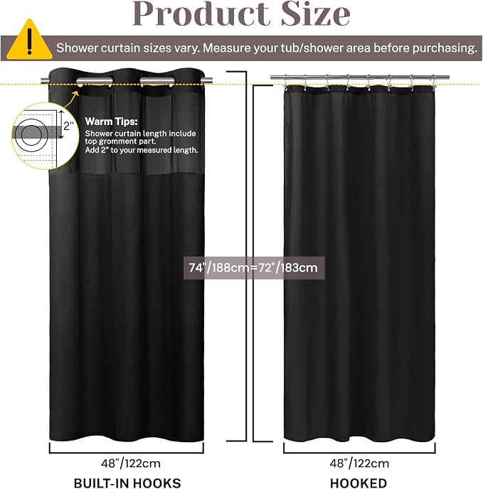 SORTTO No Hook Slub Shower Curtain with Liner, 48x74, Black | Snap in Liner, 3 in 1, Bamboo Texture, Hotel Style, Waterproof Fabric, Mesh Top Window, Corner Magnets, Machine Washable