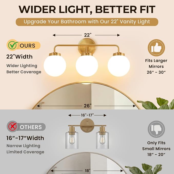 Modern Brushed Gold Vanity Lights for Bathroom, Mid Century 3 Light Bathroom Vanity Light with Globe Milky White Glass Shade Over Mirror, Brass Wall Sconce for Bathroom Hallway Living Room Bedroom