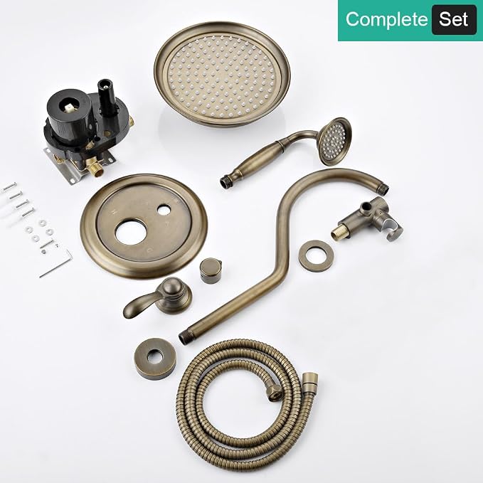 Vintage Faucet Shower System with Handheld Spray | Antique Brass Finish, Multi-layer Plating, 9 inch Rain Shower Head, 2 Way Diverter Brass Valve, Wall Mount Easy Install