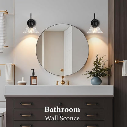 Bathroom Vanity Lights 2 Pack, Black Wall Sconce with Pressed Patterned Glass Lampshade, Farmhouse Wall Light Fixtures for Bathroom, Bedroom, Living Room, Entryway