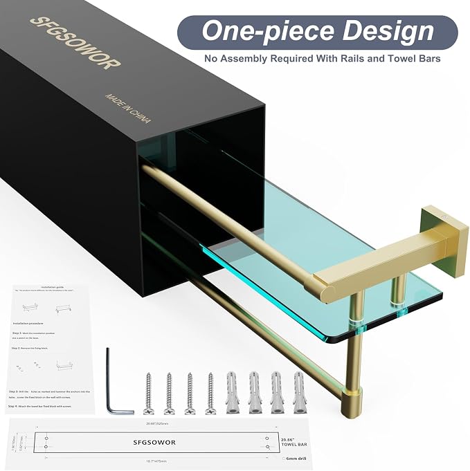 Bathroom Glass Shelf with Towel Rack Organizer Wall-Mounted Bathroom Storage SUS304 Stainless Steel Track Wall-Mounted Tempered Glass Stainless Steel Shelf (Brushed Gold, 20-inch)