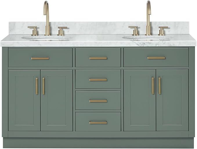 ARIEL Hepburn 61 Inch Double Oval Sink Bathroom Vanity with Carrara White Marble Countertop 1.5 Inch in Vintage Green