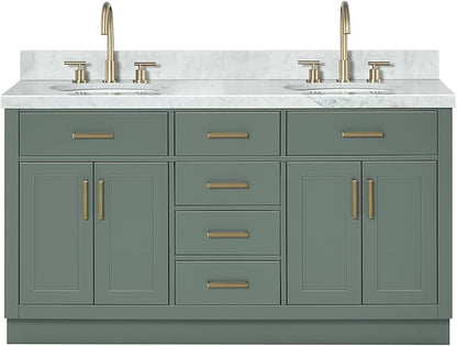 ARIEL Hepburn 61 Inch Double Oval Sink Bathroom Vanity with Carrara White Marble Countertop 1.5 Inch in Vintage Green