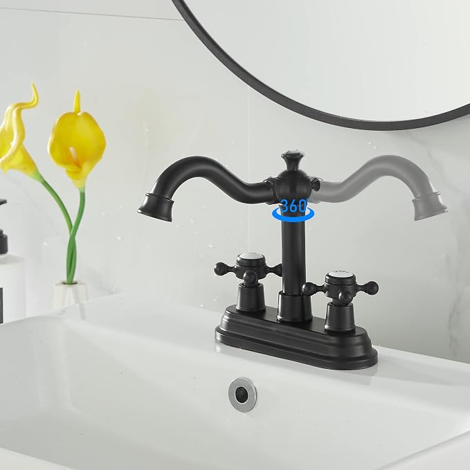 Bathroom Faucet Matte Black 2 Handles 4 Inches Centerset Black Bathroom Vanity with Drain Assembly and Supply Hose Lavatory Faucet