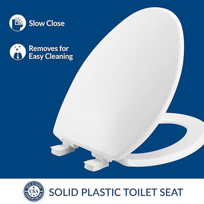 Bemis 7300SLEC Slow Close Toilet Seat, Easy Clean Hinges and Durable Plastic Seat, Made in USA, Elongated, White