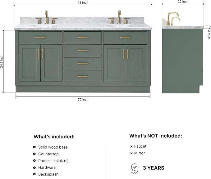 ARIEL Hepburn 72-inch Bathroom Vanity with Sink,Solid Wood, 1.5-inch Italian Carrara Marble Countertop, Double Oval Porcelain Sink, 4 Soft Closing Doors, 6 Dovetail Drawers, Vintage Green