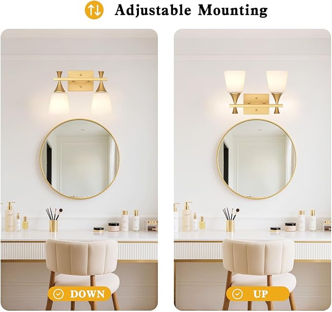 2 Light Modern Bathroom Vanity Light, Milk Glass Wall Light Fixtures Over Mirror, Brushed Gold Vanity Lighting for Bathroom, Living Room, Bedroom, E26 Base (Exclude Bulb)