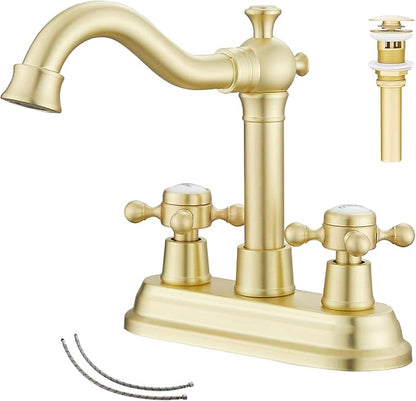 Bathroom Faucet Brushed Gold 2 Handles 4 Inches Centerset Bathroom Vanity with Drain Assembly and Supply Hose Lavatory Faucet