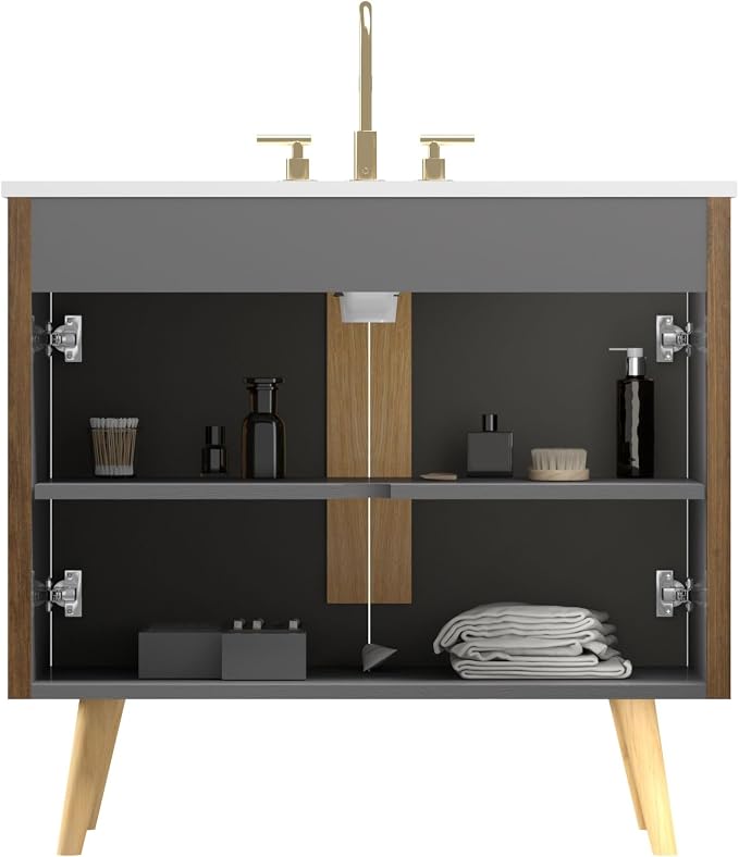 36" Modern Bathroom Vanity with Sink, Mid Century Modern Walnut Bathroom Cabinet with Carrara Marble Finish Sink, Doors, Large Storage with Adjustable Shelf