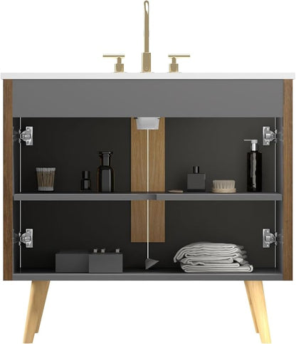 36" Modern Bathroom Vanity with Sink, Mid Century Modern Walnut Bathroom Cabinet with Carrara Marble Finish Sink, Doors, Large Storage with Adjustable Shelf