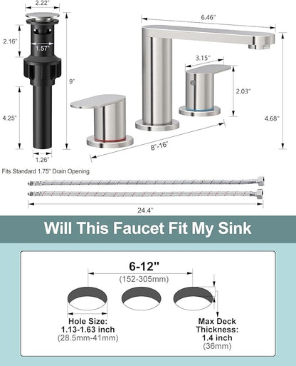 BWE 2 Pack Brushed Nickel Bathroom Faucet for Sink 3 Hole, Stainless Steel Widespread Bathroom Faucets with Pop-up Drain and Supply Lines, 360° Swivel Spout 2-Handle Bathroom Sink Faucet for Vanity