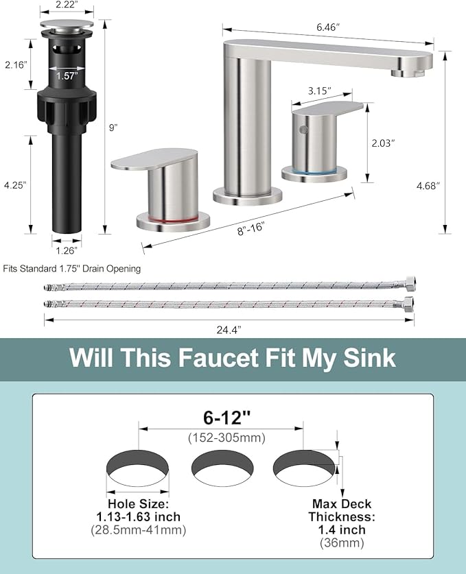 BWE Brushed Nickel Bathroom Faucet for Sink 3 Hole, Stainless Steel Widespread Bathroom Faucets with Pop-up Drain and Supply Lines, 360° Swivel Spout 2-Handle Bathroom Sink Faucet for Bath Vanity