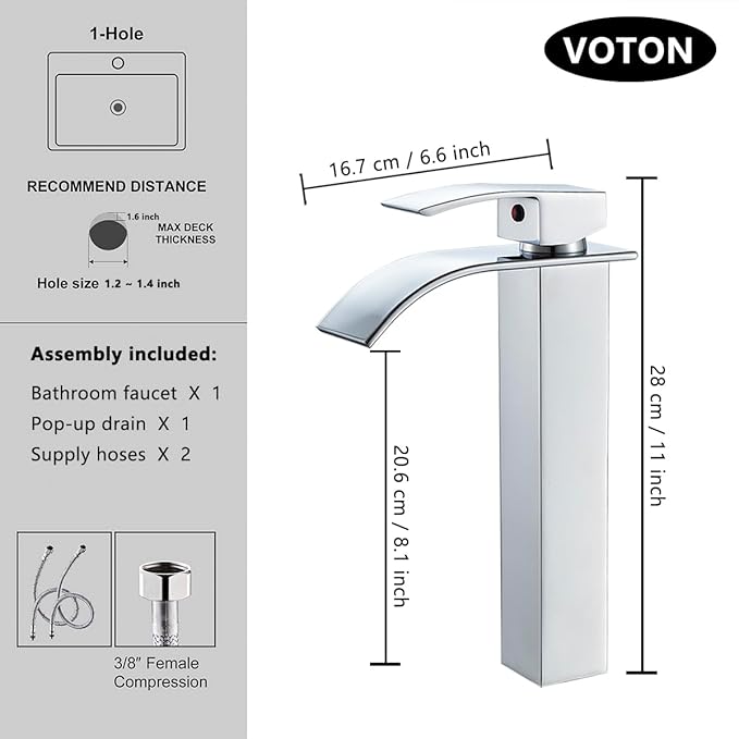 VOTON Vessel Sink Faucet Chrome Modern Tall Waterfall Bathroom Sink Faucet Single Handle Bathroom Faucet 1 Hole Bowl Lavatory Vanity Faucet, Rv Sink Camper Farmhouse Bathroom Utility Remodel Faucet