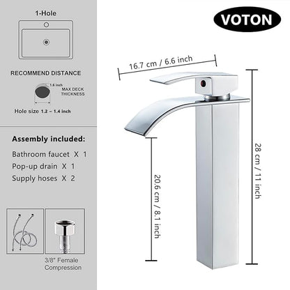 VOTON Vessel Sink Faucet Chrome Modern Tall Waterfall Bathroom Sink Faucet Single Handle Bathroom Faucet 1 Hole Bowl Lavatory Vanity Faucet, Rv Sink Camper Farmhouse Bathroom Utility Remodel Faucet