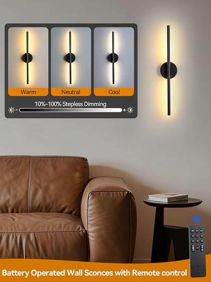 Battery Operated Wall Sconces Set of 2, Remote & Touch Control | 30 Inch Black Rechargeable Wall Light, Wireless Sconces wall Decor with Timer & 3000K-6000K Dimmable for Bedroom, Living Room