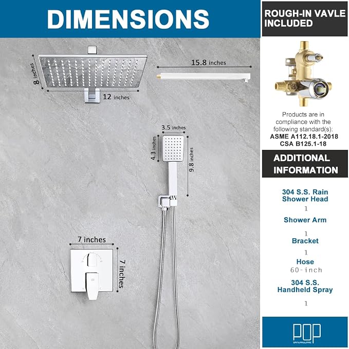 Shower Faucet Set Chrome 12 Inch Shower Head and Handle Set Bathroom Rain Shower System Wall Mounted Shower Fixture with Shower Valve and Trim Kit