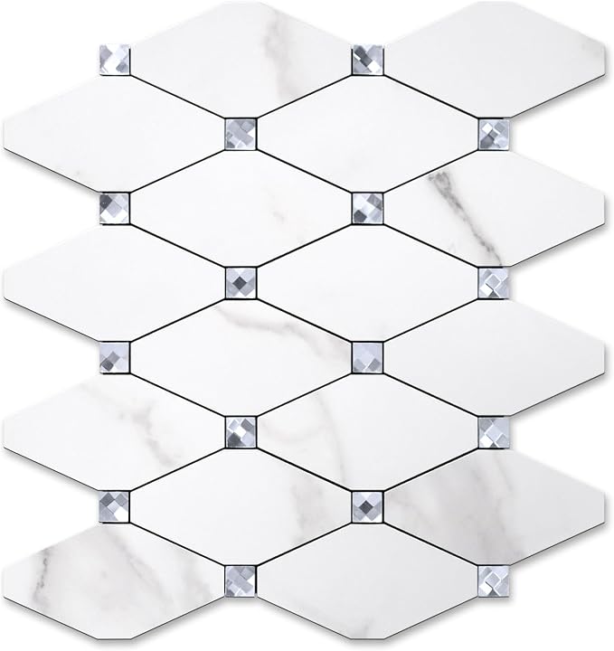 STICKGOO 1 Sheet Peel and Stick Backsplash, Calacatta Stick on Aluminum Composite Tiles Stikers, Self Adhesive Mixed Glass Backsplash for Kitchen, Bathroom, Fireplace, RV