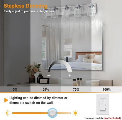 SineRise Vanity Light with 3 Color Modes (3000K/4000K/6000K), Eye Protection LED Bathroom Light Fixture, Dimmable Modern Wall Light Over Mirror with Clear Glass Shade (Chrome, 5-Light)