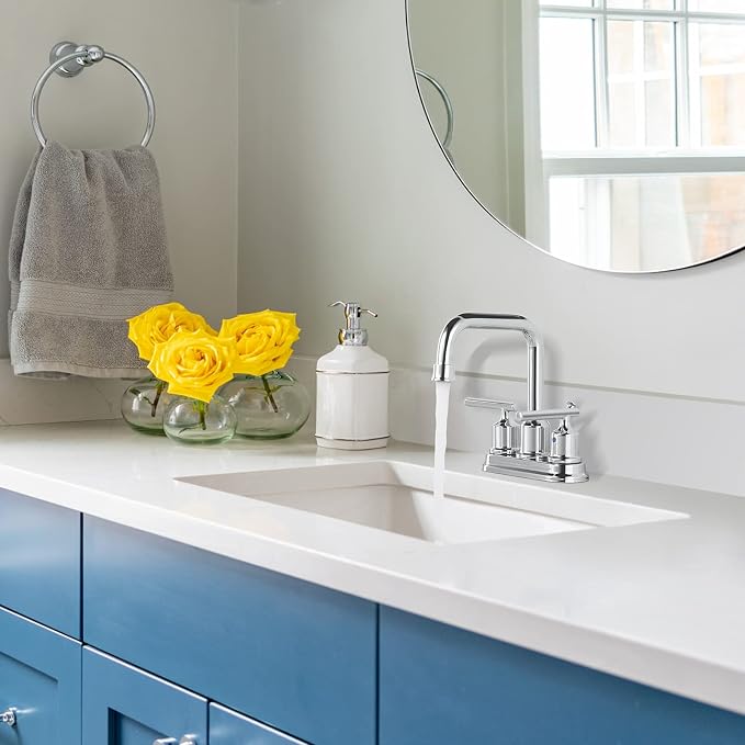 WOWOW Chrome 4 Inch Bathroom Sink Faucet Centerset Lift Rod Drain Stopper 2 Handle Lavatory Commercial Contemporary Faucet High Arc Brass Faucets for Bathroom