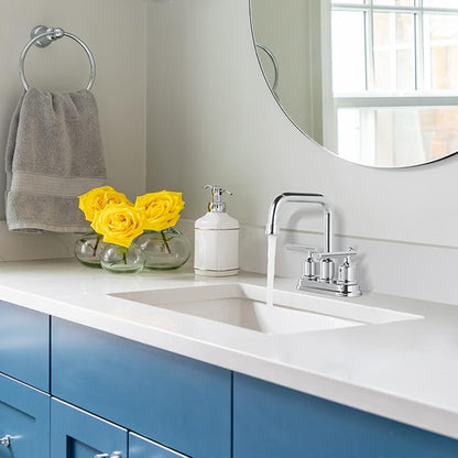 WOWOW Chrome 4 Inch Bathroom Sink Faucet Centerset Lift Rod Drain Stopper 2 Handle Lavatory Commercial Contemporary Faucet High Arc Brass Faucets for Bathroom