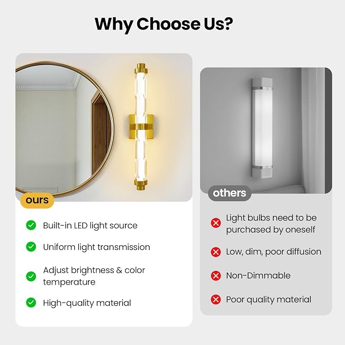 23.6" Gold Wall Sconce, Modern Vanity Light with Ripple Glass Shade, 5CCT Dimmable LED Bathroom Wall Lighting 20W for Mirror, Bedroom, Living Room, Hallway