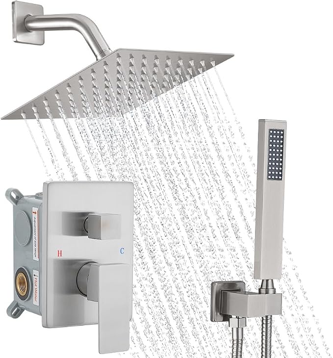 Brushed Nickel Shower System, 8 Inch High Pressure Rain Shower with Handheld, Wall Mount Shower Faucet Set for Bathroom, Rough-in Valve Body and Trim Included