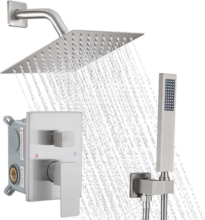 Brushed Nickel Shower System, 8 Inch High Pressure Rain Shower with Handheld, Wall Mount Shower Faucet Set for Bathroom, Rough-in Valve Body and Trim Included
