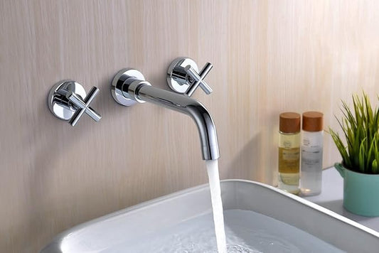 sumerain Wall Mount Bathroom Faucet,Cross 2-Handle in Modern Chrome Finish,Rough-in Valve Included