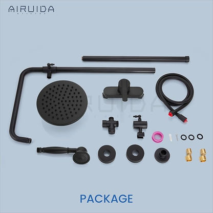 Airuida Exposed Shower System, 8 Inch Rainfall Shower Head with Handheld Spray, Single Handle Wall Mount Shower Faucet Set, Solid Brass Dual Function Exposed Pipe Fixture for Bathroom,Matte Black