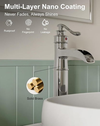 BWE Vessel Sink Faucet Chrome Polished Waterfall Spout Tall Body 1 Hole | Tall Bathroom Faucets with Pop Up Drain Assembly Without Overflow Supply Lines Lavatory Vanity Faucets Commercial