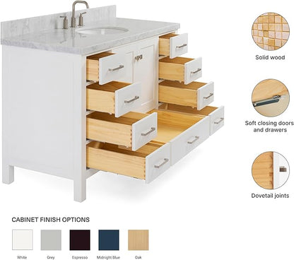 ARIEL Cambridge 54-inch Bathroom Vanity with Sink,Solid Wood, 1.5-inch Italian Carrara Marble Countertop & Backsplash, Single Oval Porcelain Sink, 2 Soft Closing Doors, 9 Dovetail Drawers, White