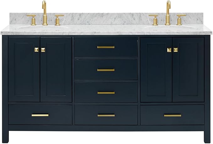 ARIEL Cambridge 66-inch Bathroom Vanity with Sink,Solid Wood, 0.75-inch Italian Carrara Marble Countertop, Double Oval Porcelain Sink, 4 Soft Closing Doors, 6 Dovetail Drawers, Midnight Blue