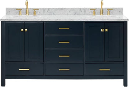 ARIEL Cambridge 66-inch Bathroom Vanity with Sink,Solid Wood, 0.75-inch Italian Carrara Marble Countertop, Double Oval Porcelain Sink, 4 Soft Closing Doors, 6 Dovetail Drawers, Midnight Blue