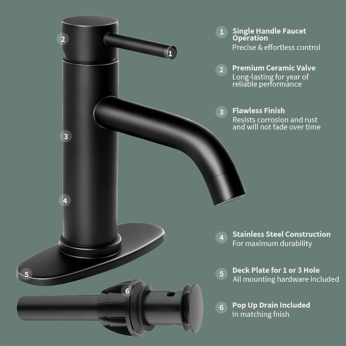Bathroom Faucet Single Handle Black Bathroom Sink Faucet Matte Single Hole Basin Vanity Faucet 1 or 3 Hole Bathroom Faucet Single Handle Bathroom with Pop-up Drain & Deck Plate