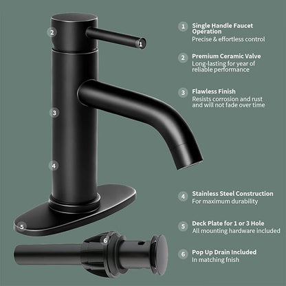Bathroom Faucet Single Handle Black Bathroom Sink Faucet Matte Single Hole Basin Vanity Faucet 1 or 3 Hole Bathroom Faucet Single Handle Bathroom with Pop-up Drain & Deck Plate
