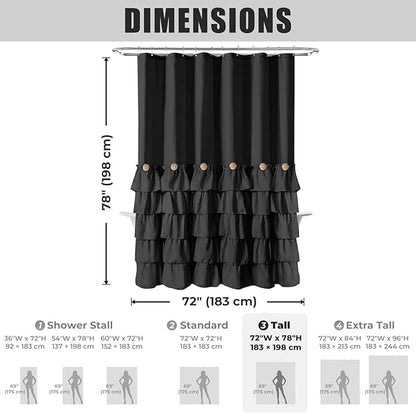 Seasonwood Black Ruffle Shower Curtain Farmhouse Style Black Fabric Shower Curtain Nature Button Chic Ruffles and French Country Style 72×78