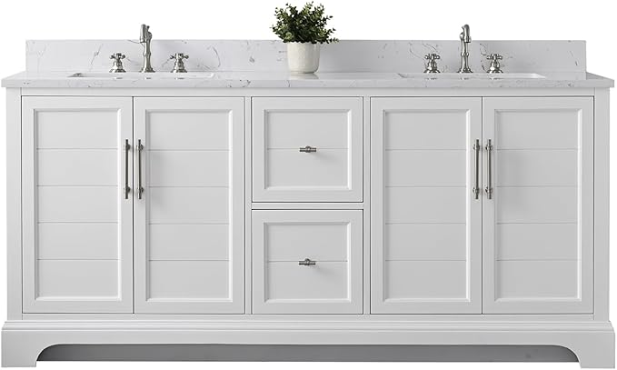 HOMEBEYOND 72 Inch Bathroom Vanity with Double Sink & Ceramic Top, Vanity Cabinet with Center Countertop Basin, Soft-Closing Doors, Backsplash, White