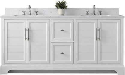 HOMEBEYOND 72 Inch Bathroom Vanity with Double Sink & Ceramic Top, Vanity Cabinet with Center Countertop Basin, Soft-Closing Doors, Backsplash, White