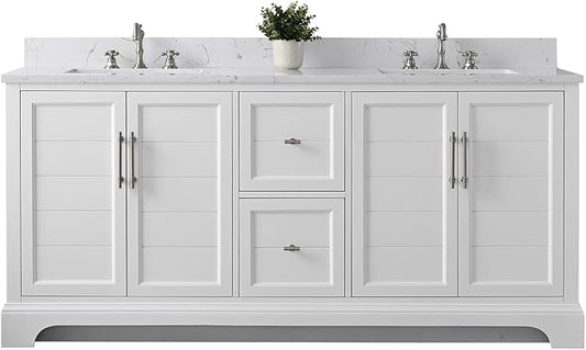 HOMEBEYOND 72 Inch Bathroom Vanity with Double Sink & Ceramic Top, Vanity Cabinet with Center Countertop Basin, Soft-Closing Doors, Backsplash, White
