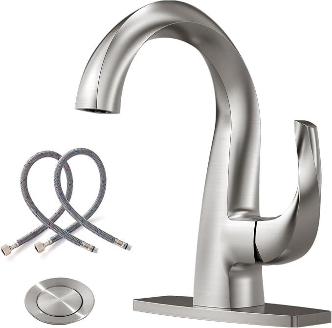WOWOW Single Handle Bathroom Faucet, 1 Hole, High Arc, Brushed Nickel, Pop-up Drain, Solid Brass, Commercial Bathroom Sink Faucet, Basin Vanity Bar Faucet
