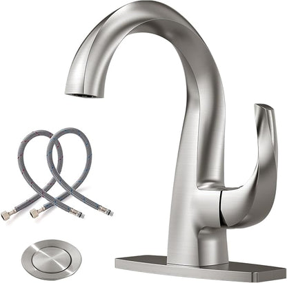 WOWOW Single Handle Bathroom Faucet, 1 Hole, High Arc, Brushed Nickel, Pop-up Drain, Solid Brass, Commercial Bathroom Sink Faucet, Basin Vanity Bar Faucet