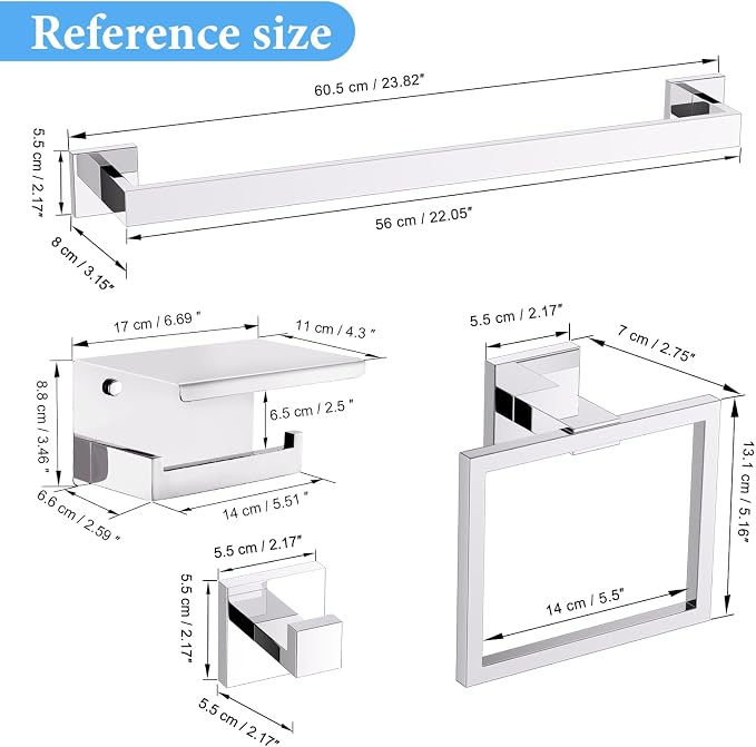 TURS Bathroom Hardware Set Chrome 4-Piece Towel Bar Set Include 24 Inch Towel Bar Towel Ring Towel Hook Toilet Paper Holder with Shelf Wall Mounted.