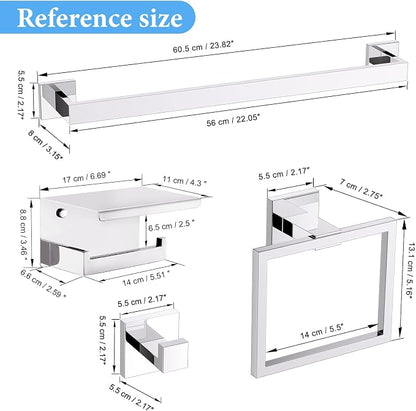 TURS Bathroom Hardware Set Chrome 4-Piece Towel Bar Set Include 24 Inch Towel Bar Towel Ring Towel Hook Toilet Paper Holder with Shelf Wall Mounted.