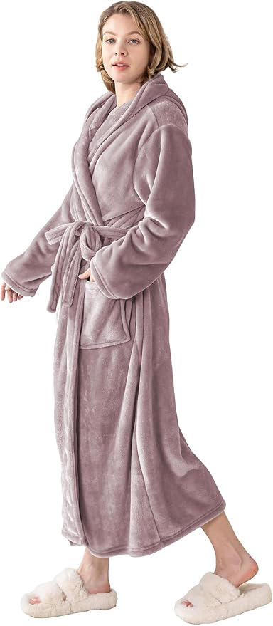 Robes for Women - Hooded Plush Fleece Bathrobe with Sash & Pockets, Full-Length Lightweight Spa Robe