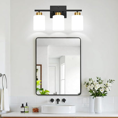 Black and Gold Bathroom Vanity Light Fixtures, 3-Light Modern Bathroom Wall Light with Frosted White Glass Shades, Vanity Light Over Mirror, E26 Base, Bathroom Lighting for Mirror (Bulbs Not Included)