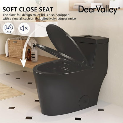 DeerValley One Piece Toilet Elongated 1.1/1.6 GPF Dual Flushing Toilets with 17" ADA Comfortable Chair Seat 12" Rough-In High-Efficiency Black Toilet DV-1F52636B