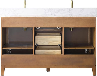 Vanity Art 54" Bathroom Vanity with Double Sink & Arabescato White Engineered Stone Top, Vanity Cabinet with Soft Closing Door, Solid Wood Frame, Golden Brushed Handles, Walnut VA8154D-Walnut-GB