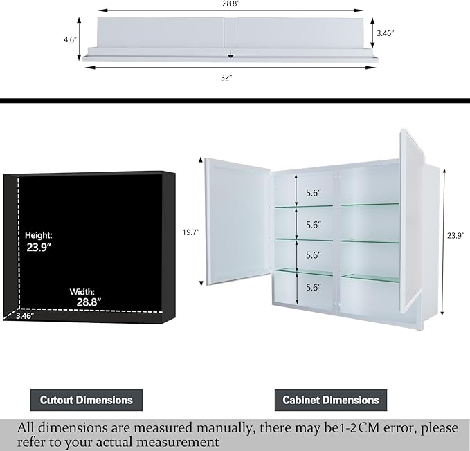 32x26 Inch Medicine Cabinet with Mirror, Bathroom Mirror Cabinet with Double Doors, Extra Storage Space, Bevel Mirror Wall Cabinet, Recessed or Surface Mount