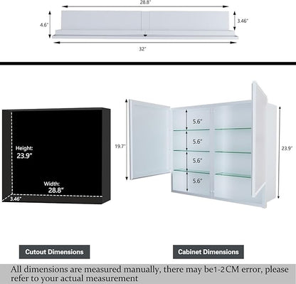 32x26 Inch Medicine Cabinet with Mirror, Bathroom Mirror Cabinet with Double Doors, Extra Storage Space, Bevel Mirror Wall Cabinet, Recessed or Surface Mount
